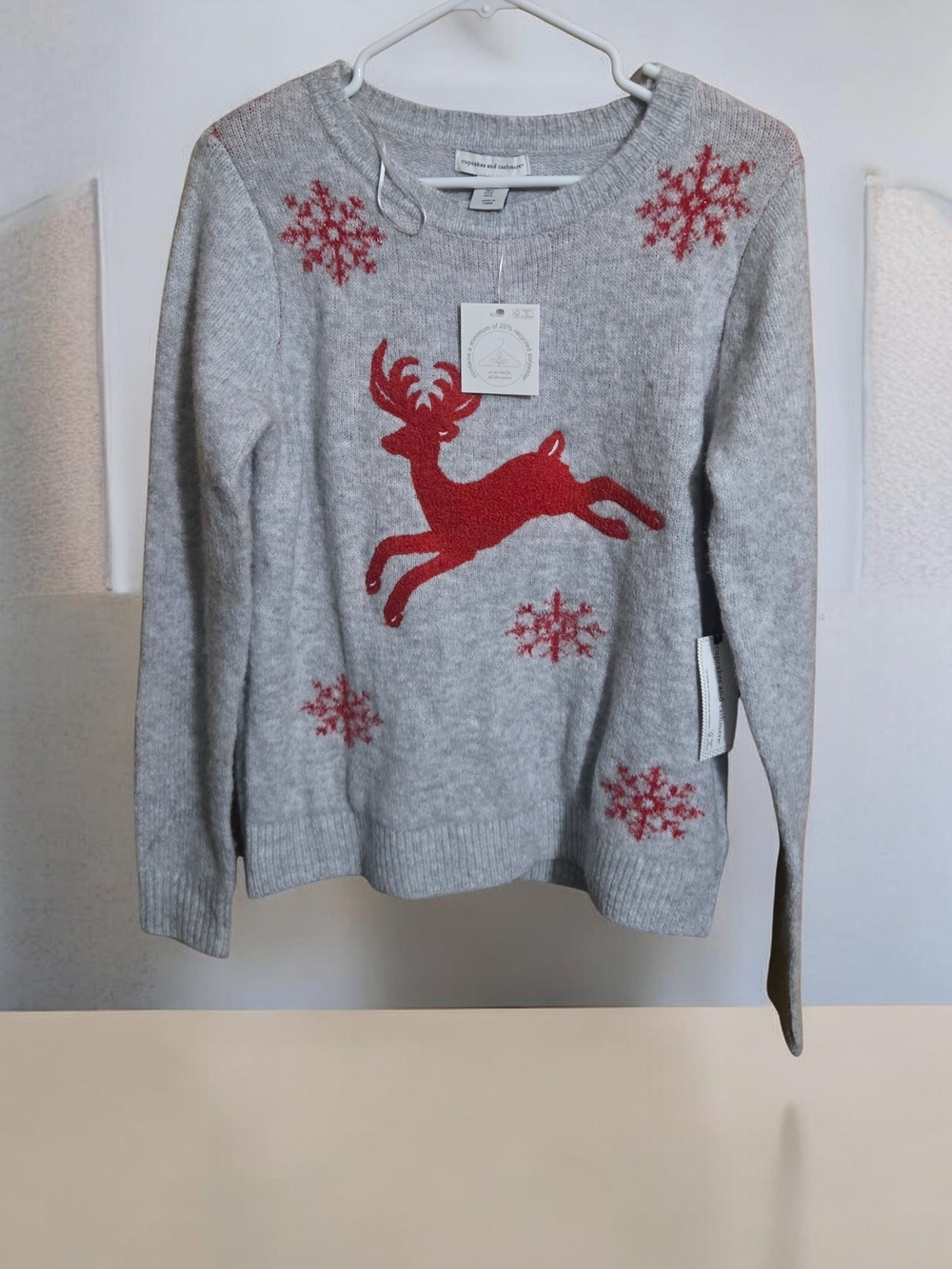 Women's Gray Holiday Sweater with Red Reindeer Motif- Small